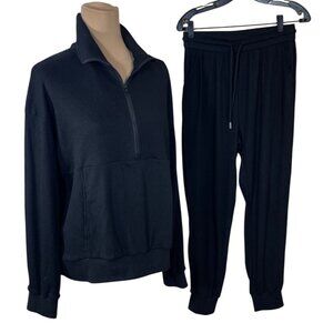 Fashion Ribbed Jogger Set 1/2 Zip Sweatshirt Pants Size L/M (READ) Black